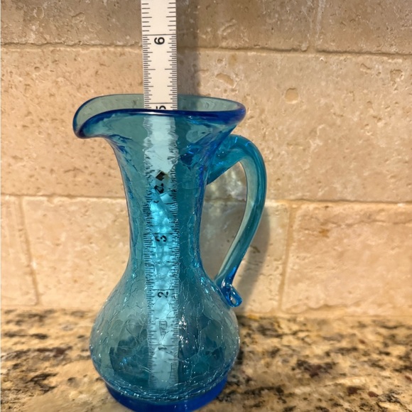 Vintage aqua blue crackle glass mini-pitcher or bud vase approx 5”. - Picture 3 of 4